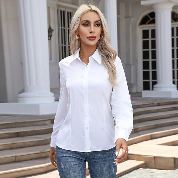 Damska Modna Koszula Z DłUgim RęKawem Zapinana Na Guziki Solidna Wiosenna Czerwona BiałA Bluzka Dla Kobiet 5XL White-image