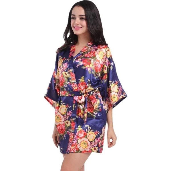 Kobiety Szlafrok Kimono W Kwiaty Satynowy Szlafrok ŚLubny Szlafrok Dla Panny MłOdej Szlafroki Dla Druhen Bielizna Nocna 2XL Black-image