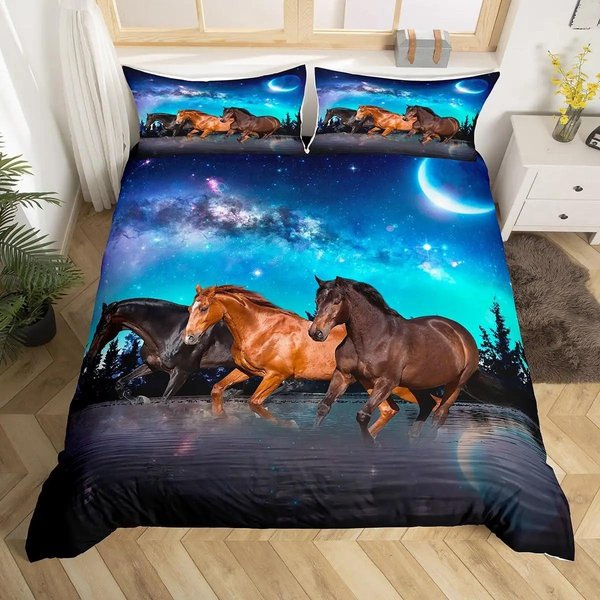 Juego De Cama Caballo Galopante Funda NóRdica Individual Completa Queen King Animales De Granja Funda De EdredóN Para HabitacióN De NiñOs NiñAs Adolescentes AU Single(140X210Cm)-image