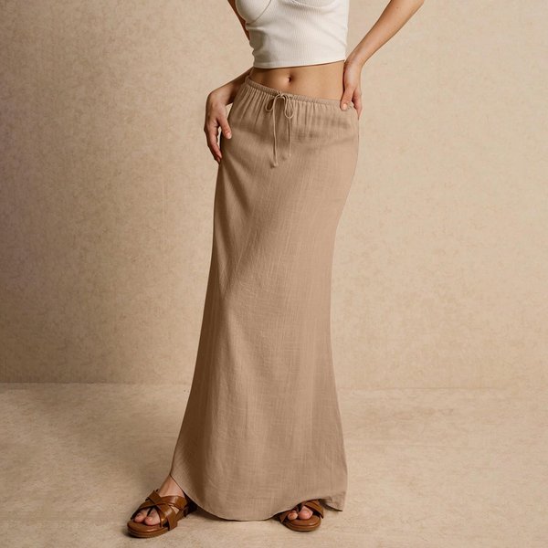 SpóDnica Maxi Damska Na Lato, śCiąGana Sznurkiem, Niski Stan, Linia A, SpóDnice Casualowe, Wysoka Elastyczna Talia, Dopasowana, DłUgie SpóDnice Maxi XL Beige-image