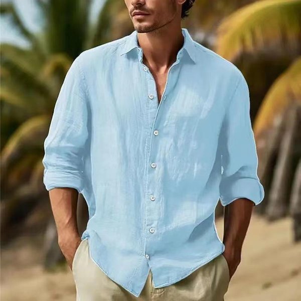 Camisa De Lino Para Hombre Con Botones Camisa De Playa De Verano Color SóLido XL-image