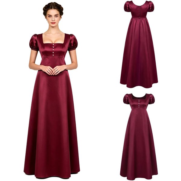 Vestido Maxi Retro Regency Para Mujer Cuello Cuadrado Decorado Con Perlas SintéTicas Manga Abullonada Cintura Imperio BotóN Trasero Vestido De SatéN Para Fiesta Evento Formal XXL BorgoñA-image