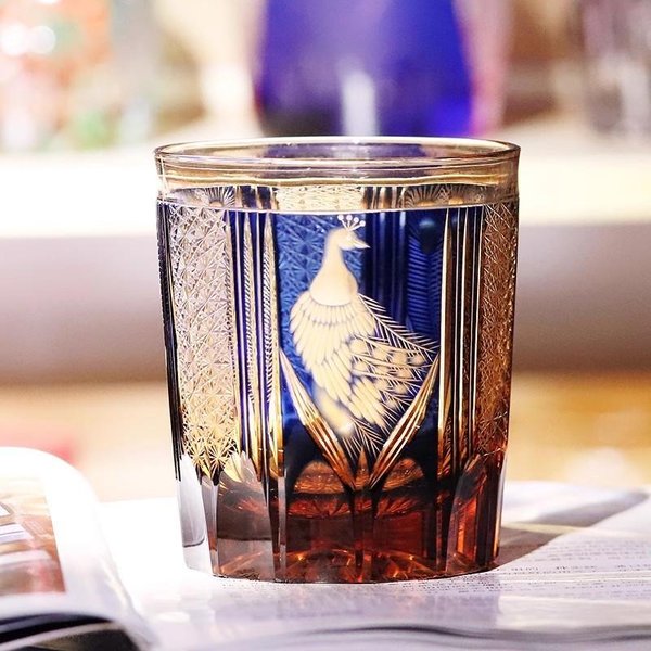 Estilo JaponéS Lujo Kiriko Edo Copa De Vino Verde Azul Krystal Vaso De Whisky Grabado A Mano Pavo Real Vaso Para Beber Whisky 270Ml Blue-image
