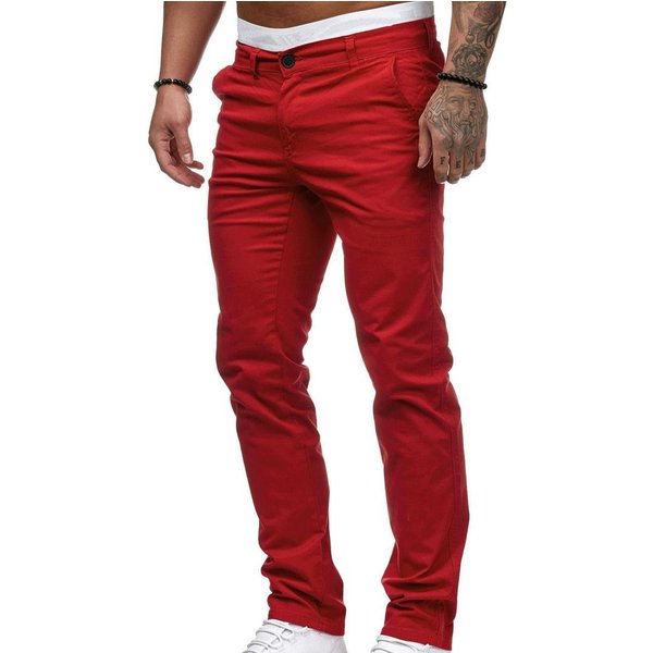 Pantalones Largos De Hombre Estilo Europeo Y Americano Para Primavera OtoñO Talla Grande Casual Ajustados Pantalones De Color SóLido Con Bolsillos M Rojo-image