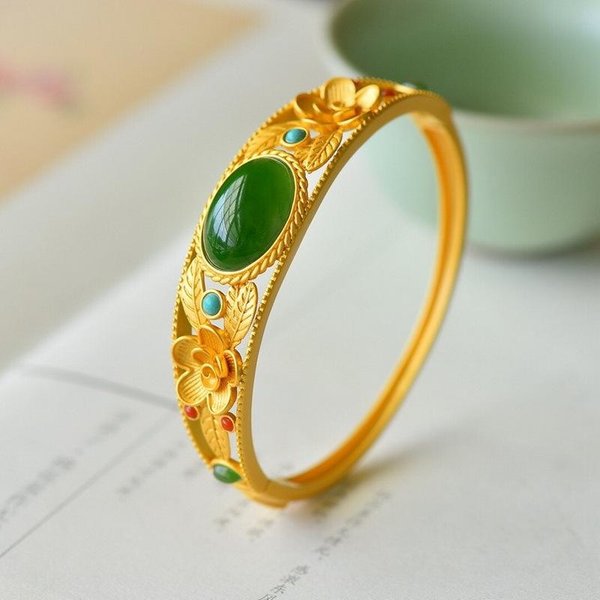 Naturalny Jadeit Hetian Bransoletka StarożYtne ZłOto RzemiosłO Styl Pasterski Modne Bransoletki Dla Kobiet BiżUteria śLubna Jadeitowa Bransoletka Orange-image