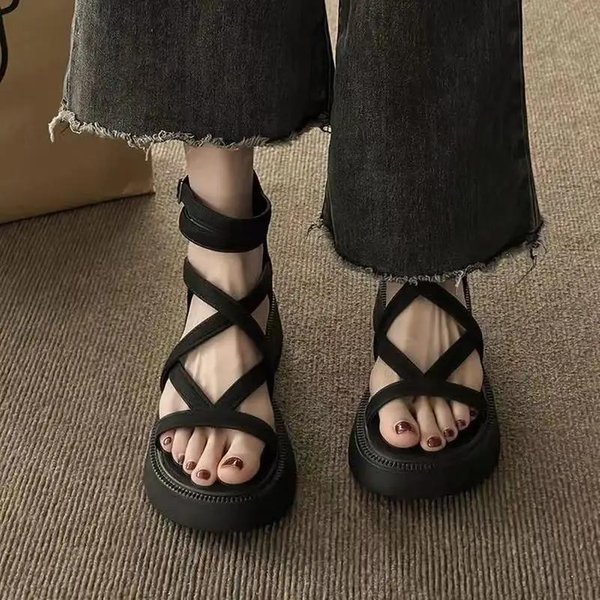 Sandalias De Verano Para Mujer Con Suela Gruesa Zapatos De Punta Abierta Huecos Para Mujer Sandalias Casuales Para Mujer Zapatos Romanos Planos 38EU/CN39 Negro-image