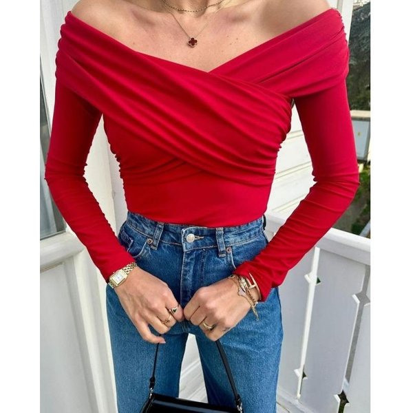 Ropa De Mujer Sexy Chica Caliente Body Ajustado Color SóLido Moda Cuello En V Hombros Descubiertos Manga Larga Mono S Rojo-image