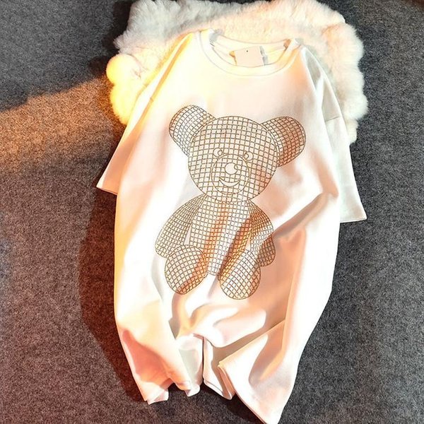 T-Shirt Z KróTkim RęKawem Dla Kobiet Letni KoreańSki LuźNy DużY Rozmiar śRedniej DłUgośCi BłYszcząCy Top Z Misiem M-image