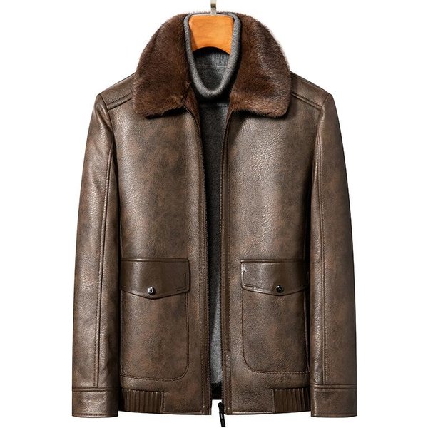 Invierno Chaqueta De Cuero Para Hombre Piel Como Uno Chaqueta De Cuero Para Hombre Negocios Casual Acolchada Engrosada Solapa Mediana Chaqueta De Cuero Abrigo Piel Xxxxl MarróN Oscuro-image