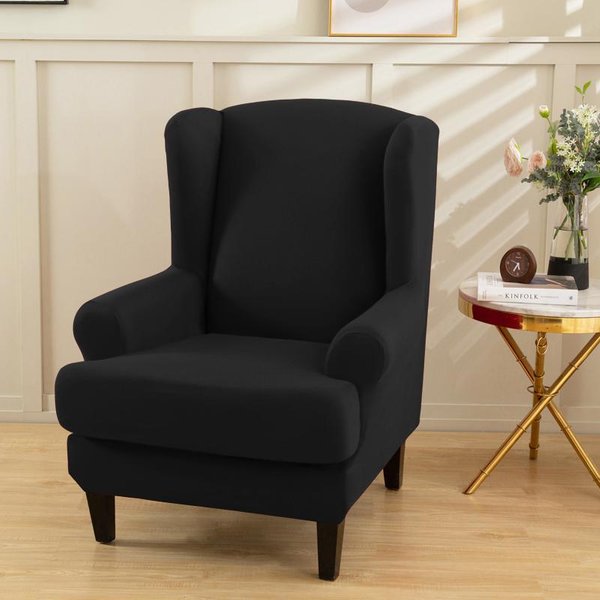Fundas Para SillóN Orejero De Color SóLido Funda EláStica Para SillóN Orejero Con Funda Para CojíN De Asiento Protector EláStico ExtraíBle Para Sofá Negro-image
