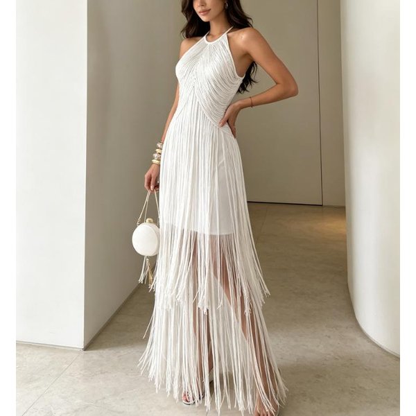 Vestido Largo Con Flecos En El Cuello De Primavera Y Verano, Estilo Europeo Y Americano, Sin Mangas Para Mujer, Ajustado, Con Temperamento, Vestido Vestido Vestido Vestido FáBrica Stock L Blanco-image