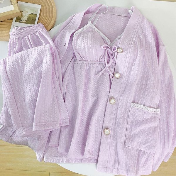 Pijama De Talla Grande Para Mujer Conjunto De Tres Piezas Primavera OtoñO AlgodóN Manga Larga Almohadilla De Pecho Tirantes Ropa De Dormir Verano Ropa Para El Hogar 3XL PúRpura-image
