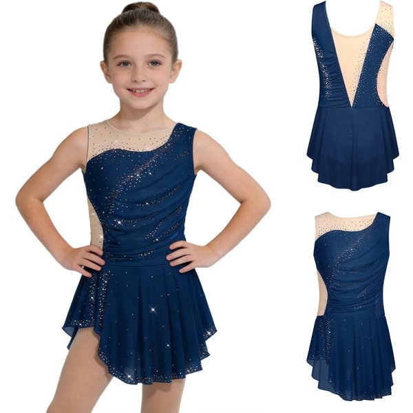 Maillot Gimnasia RíTmica Infantil Patinaje ArtíStico Ballet Danza LíRica Maillots Vestido Sin Mangas Fruncido Vestido Con PedreríA 15-16 Years-image