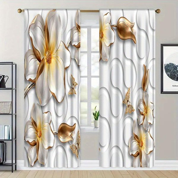Zestaw 2 Szt. Nowoczesne Europejskie ZłOte ZasłOny W Kwiaty Kieszeń Na Karnisz Cyfrowo Drukowane ZasłOny Do Salonu Kuchni Sypialni (W50H130Cm)-2Pcs&Rod Pocket-image