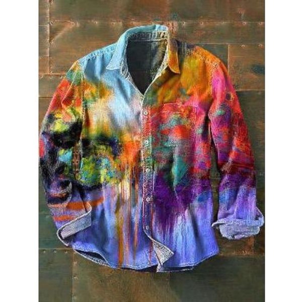 MęSka Koszula Z DłUgim RęKawem I Guzikami, Z Nadrukiem W Stylu Retro W Blokach KoloróW 3XL-image