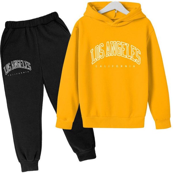 Conjunto De Sudadera Con Capucha Y Pantalones De CháNdal Para NiñO Con Estampado De Letras De Los ÁNgeles - Estilo Europeo/Americano 2023 130Cm Amarillo-image