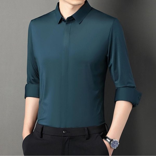 Camisa De Manga Larga Para Hombre Primavera Y OtoñO Tapeta Oscura Casual De Negocios Color SóLido EláStica Sin Costuras 2XL Gray-image