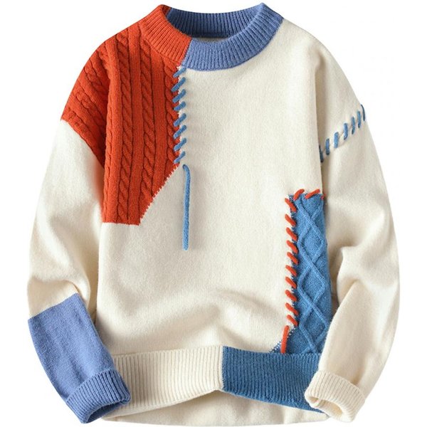 Jesień Zima MęSki Sweter Blokowanie KoloróW Krojony Design OkrąGłY Dekolt LuźNy Dzianinowy Pulower Gruby CiepłY Sweter Bazowy Casual XL Szary-image