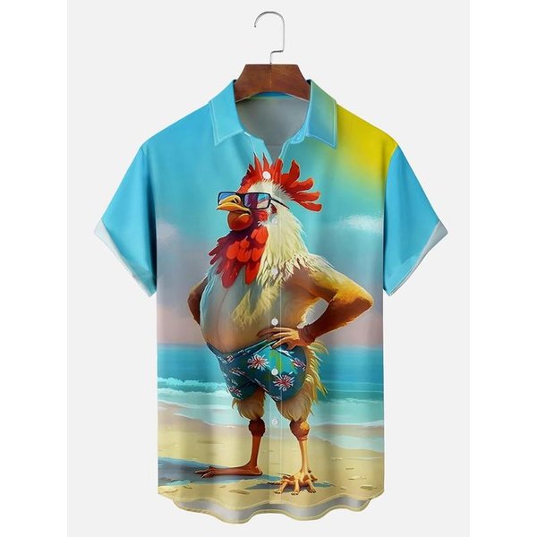 Camisa De Manga Corta Hawaiana Para Hombre Estampado De Pollo De Dibujos Animados Camisa Casual De Verano Para Hombre Moda Urbana Diaria Camisa De Manga Corta Para Hombre S Blue-image