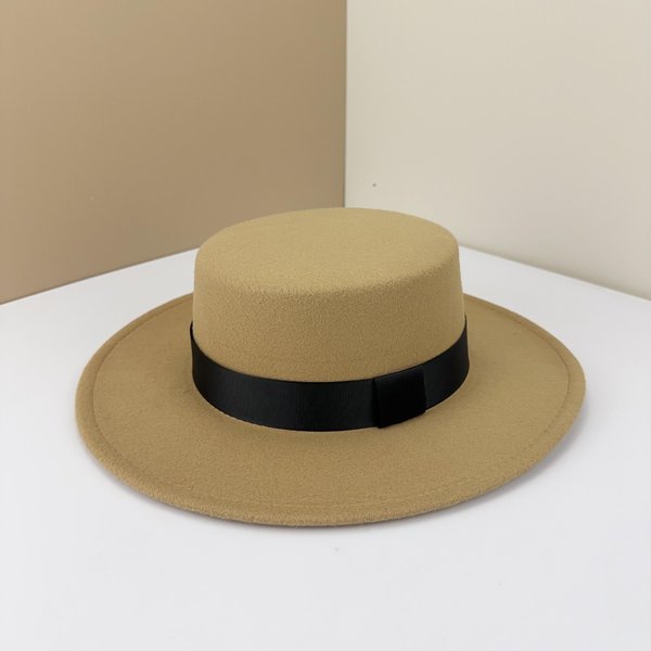Sombrero De Copa BritáNico Negro Sombrero De Copa Plano Hepburn Caballero Sombrero De Jazz Ala Plana Lana Ala Ancha Sombreros Para Hombre Y Mujer Adjustable M (56-58Cm) Camello-image