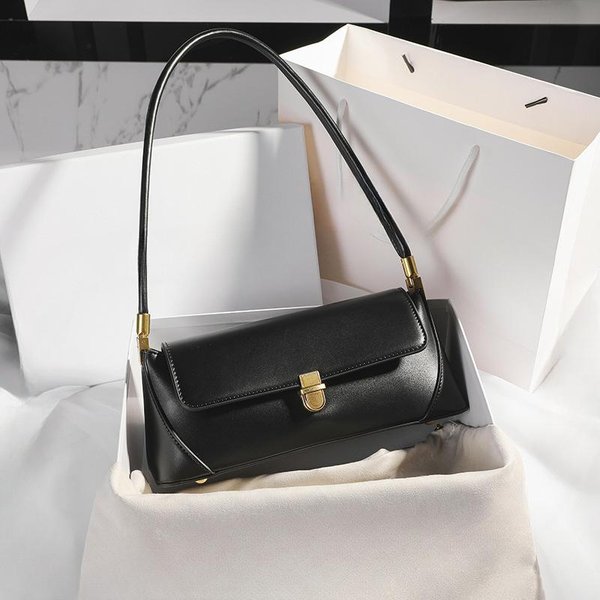 Bolso De Axila DiseñO Nicho Retro Gama Alta Color SóLido Un Hombro Mano Cuero Bolso De Mujer Primavera Y Verano VersáTil AtmosféRico Bolso De Hombro Negro-image