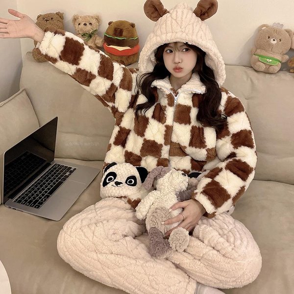 Panda KreskóWka SłOdka PiżAma Zimowa Damska Flanelowa CiepłA PiżAma DużY Rozmiar PiżAma PiżAma Damska Koralowy Aksamit Odzież Domowa M Beige-image