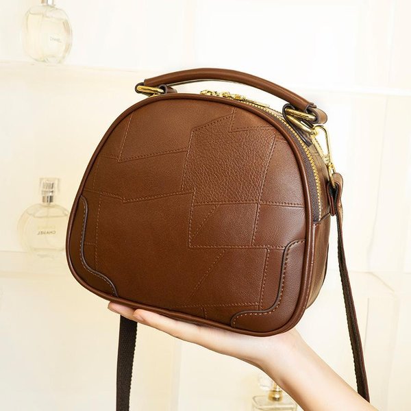Luksusowa Damska Torebka, Mini I Prosta Torebka Jednoramienna Crossbody, Kwadratowa Torebka Ze SkóRy Patchwork, Modna RęCzna MałA OkrąGłA Torebka BrąZowy-image
