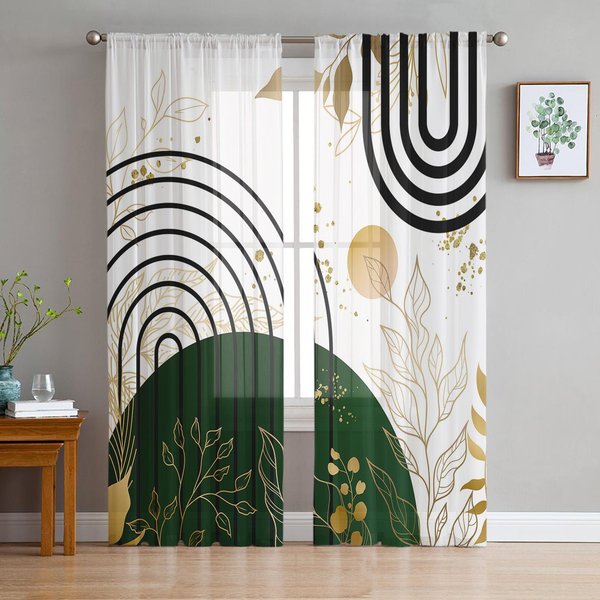 Estilo Abstracto Bohemio Planta Hoja Cortinas De Dormitorio Cortina Transparente De Tul DecoracióN Del Hogar Para Sala De Estar Cortinas De Voile 135W X 114H(Cm) Black-image