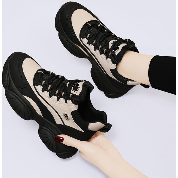 Modne Sneakersy Casual Na Grubej Podeszwie Jesienno-Zimowe Nowe Buty Z Prawdziwej SkóRy Casualowe Wszechstronne WewnęTrzne MałE Buty Damskie Buty Sportowe 40 Beige-image