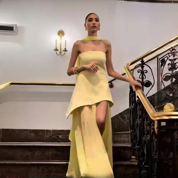Lyria Sukienka Bez RamiąCzek Z WstążKą Damska Elegancka Jednolita Bez RęKawóW Siateczkowa PlażOwa Wakacyjna DłUga Sukienka Wiosna Nowa Sukienka Damska L-image