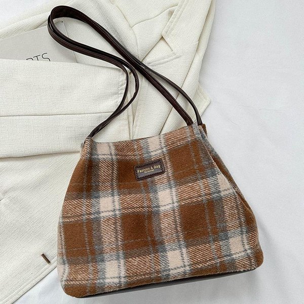 Bolso De Lana A Cuadros Para Mujer OtoñO E Invierno Nuevo Bolso Tote Retro De Estudiante Casual De Gran Capacidad Bolso De Hombro ÚNico Para Axila-image