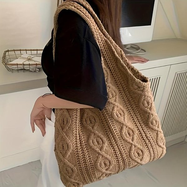 Bolso Tote Vintage Gran Capacidad Bolso Tote Tejido Vintage Minimalista VersáTil Bolso Tejido, Adecuado Para Todas Las Estaciones Black-image