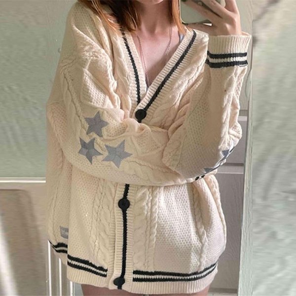 Zimowe LuźNe Swetry Rozpinane Damskie Gwiazda Haftowane Swetry Z Dzianiny Tay Vintage Y2K Streetwear Pojedyncze Piersi Z DłUgim RęKawem Topowe PłAszcze M-image