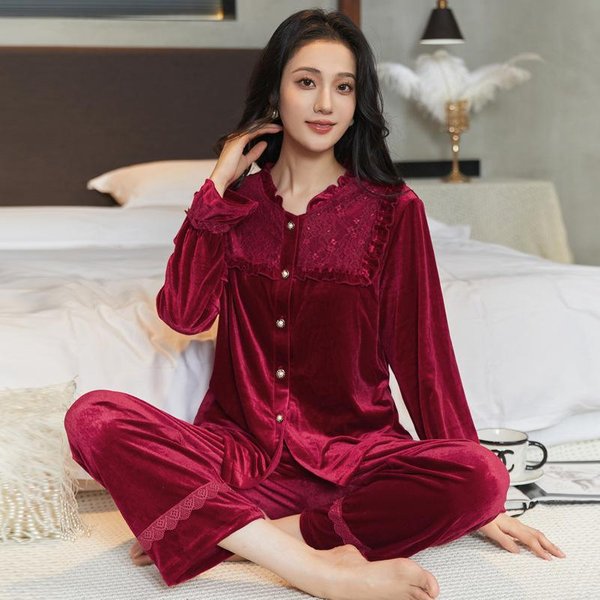 Ropa De Casa De Manga Larga Para Mujer OtoñO Invierno CáLida 2 Piezas Pijama Holgado Casual Terciopelo Ropa De Dormir LenceríA ÍNtima Sexy Ropa De Noche XXL Rojo-image