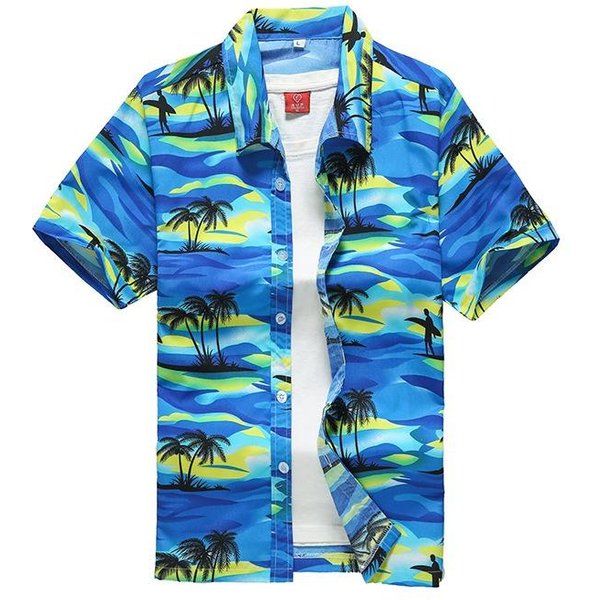 Letnie MęSkie Hawajskie Koszule Casual Z KołNierzykiem KróTki RęKaw Zapinane Na Guziki Nadruk Drzewa Kokosowego PlażOwe Kwiatowe Modne Odzież Vintage 3XL Blue-image
