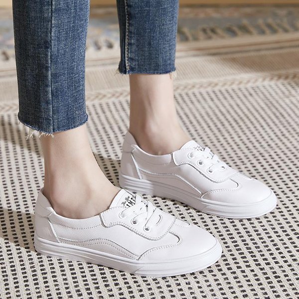 Zapatos PequeñOs De Cuero Blancos Zapatos De Mujer Nuevo Cuero Primavera Primavera Fondo Plano Bizcocho Slip-On Zapatos Casuales Verano 40 Blanco-image