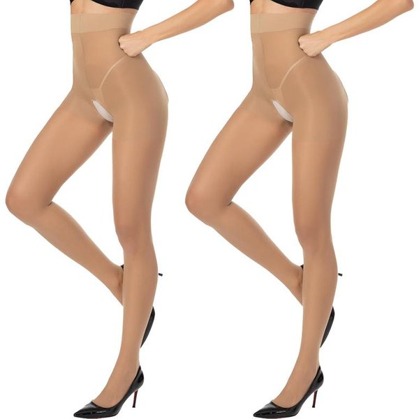 Kave 2 Pares Medias Sin Costuras En La Entrepierna Para Mujer Control De Abdomen Cintura Alta Medias Transparentes Controp Top Medias Legging sexy S 40-55Kg Brown-image