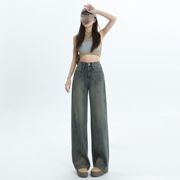 Jeans De Pierna Ancha Para Mujer Primavera Sueltos Cintura Alta Pantalones CaíDos Hasta El Suelo Pantalones Rectos Para Mujer Primavera Pantalones De Pierna Ancha XXL Gray-image