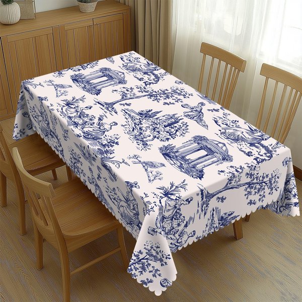 Niebiesko-BiałY Obrus Z Nadrukiem Toile De Jouy, Wodoodporny, Plamoodporny Pokrowiec Na Stół Do Kuchni, Jadalni, Na Imprezę 90X140Cm Gray-image