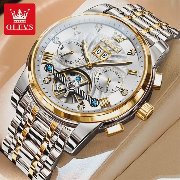 Olevs Luksusowy ZłOty Mechaniczny Zegarek Tourbillon Dla MężCzyzn Stal Nierdzewna Wodoodporny Luminescencyjny Data Biznesowe MęSkie Zegarki ZłOty/BiałY-image