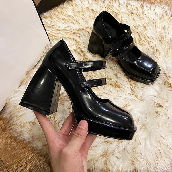 Letnie Buty Mary Janes Damskie Buty Na Platformie Wysokie Obcasy Damskie CzółEnka Kwadratowy Nosek Lakierowane Buty Damskie Wysokie Obcasy Grube Buty 37-image