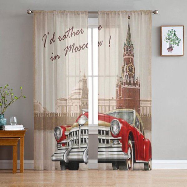 Cortinas De Tul Transparente Con PóSter Vintage De Moscú Para Sala De Estar El Dormitorio Cortinas Modernas De Gasa Voile Organza DecoracióN Cortinas 135W X 114H(Cm) Gray-image