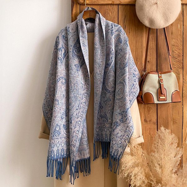 Chal De Cachemir De Invierno Para Mujer Rand Fashion - Pashmina Gruesa Con Borlas Estampado Floral Vintage Estilo Pintura Al ÓLeo Y Echarpe Gray-image