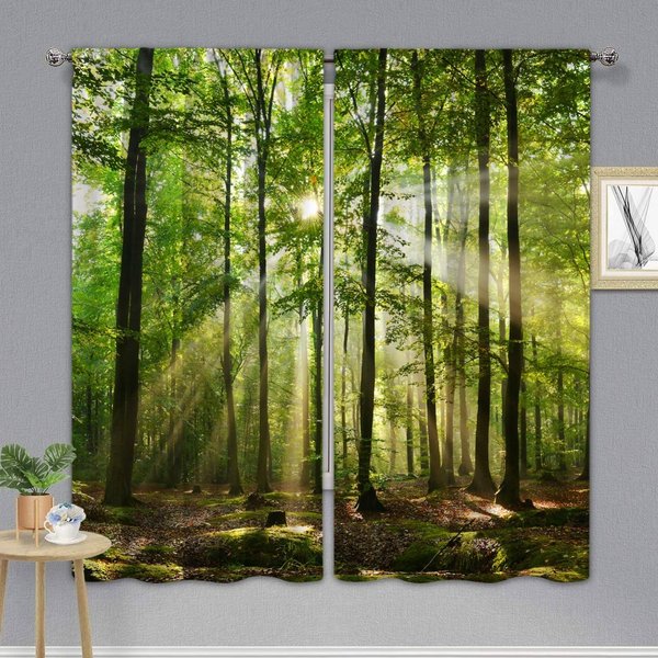 2 Piezas Cortinas Perforadas Estampadas, Dormitorio, BalcóN, Sala De Estar, Cortinas De Ventana Con Estampado De ÁRboles De Paisaje OtoñAl Bosque Verde Fresco W60H60(Cm)X2Pcs&Hook Beige-image