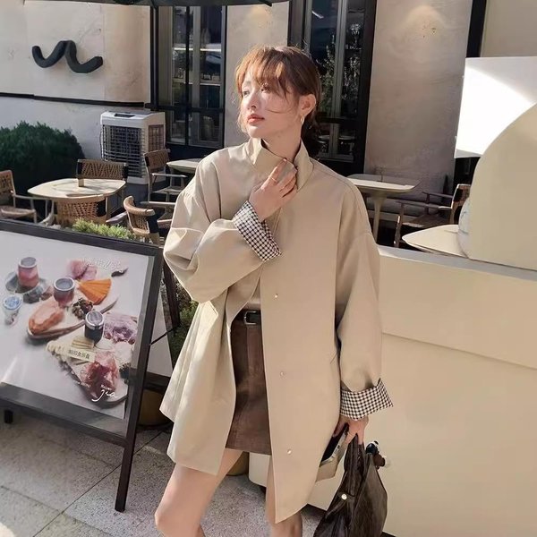 Chaqueta Cortavientos Larga PequeñA Estilo Coreano Color Caqui Claro Para Mujer Primavera Y OtoñO Nueva Casual VersáTil Abrigo XL Gray-image