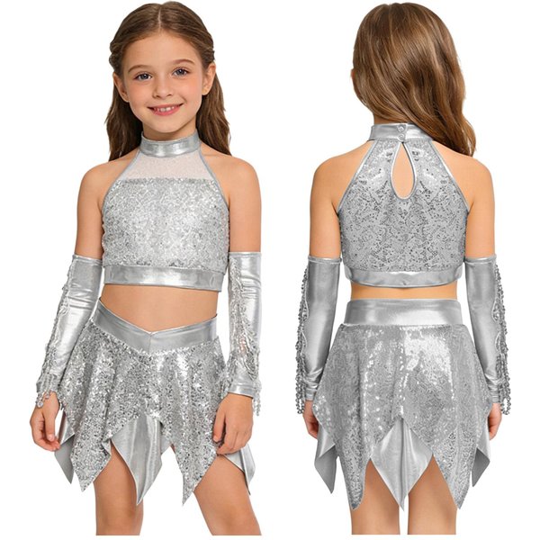 StróJ Na WystęP TańCa Jazzowego Dla Dziewczynek Bez RęKawóW Odkryte Plecy BłYszcząCy Crop Top Z Cekinami Z Asymetryczną Metaliczną SpóDnicą I RęKawiczkami Z Cekinowymi FręDzlami 9-10 Years Srebro-image