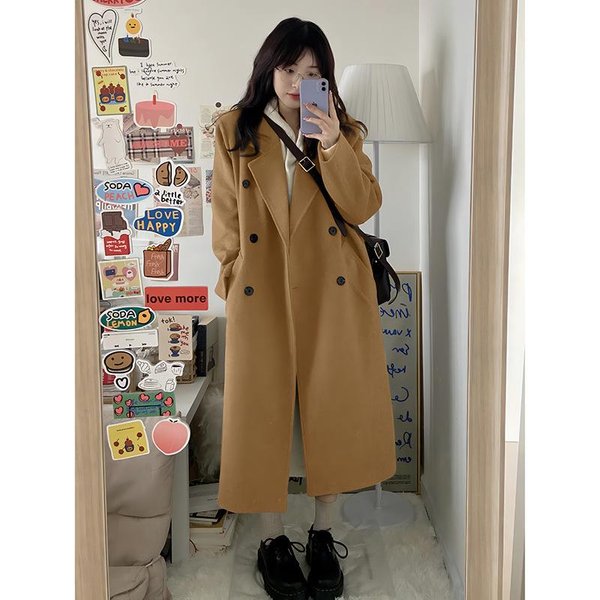 Abrigo De Lana Gris MarróN Para Mujer OtoñO E Invierno Nuevo Estilo Estilo Hepburn Retro Abrigo De Lana De Doble Botonadura De Longitud Media XL Gray-image