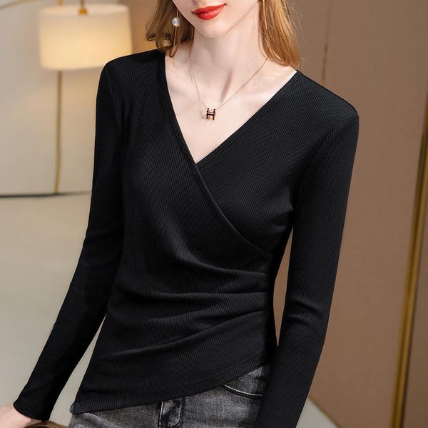 Camiseta BáSica Negra De Modal Para Mujer En Primavera Y OtoñO Nueva Camiseta De Manga Larga Con Cuello En V Top Irregular Ajustado A La Cintura 3XL Brown-image