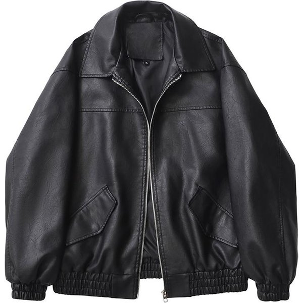 Ailegogo Streetwear Damska Retro LuźNa KróTka Kurtka Ze Sztucznej SkóRy PU Wiosna Jesień Damska Kurtka Na Zamek Vintage Moto Biker Okrycie Wierzchnie S Czarny-image