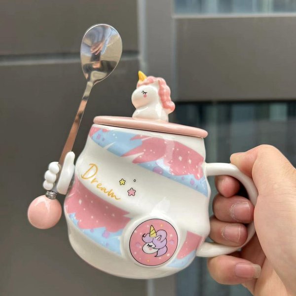 Taza De Agua De Unicornio Taza ArcoíRis Taza De Café Con Tapa Cuchara Linda NiñA Taza Para Beber Agua Para El Hogar Taza De CeráMica 401-500Ml Pink-image